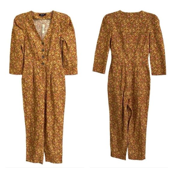 Madewell Pants - Madewell Corduroy Puff Sleeve Jumpsuit Women’s 00 in Mumbai Floral Moss NEW